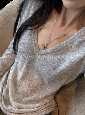 法国cherrykoko灰色羊驼毛高比例气质V领百搭针织毛衣修身打底衫