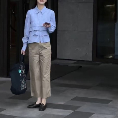 英国coopkoop新款法式蓝色条纹荷叶边衬衫休闲九分裤显瘦