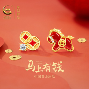 中国黄金央创2026马年本命年耳钉女纯银耳饰属马吉祥佩戴礼物S925