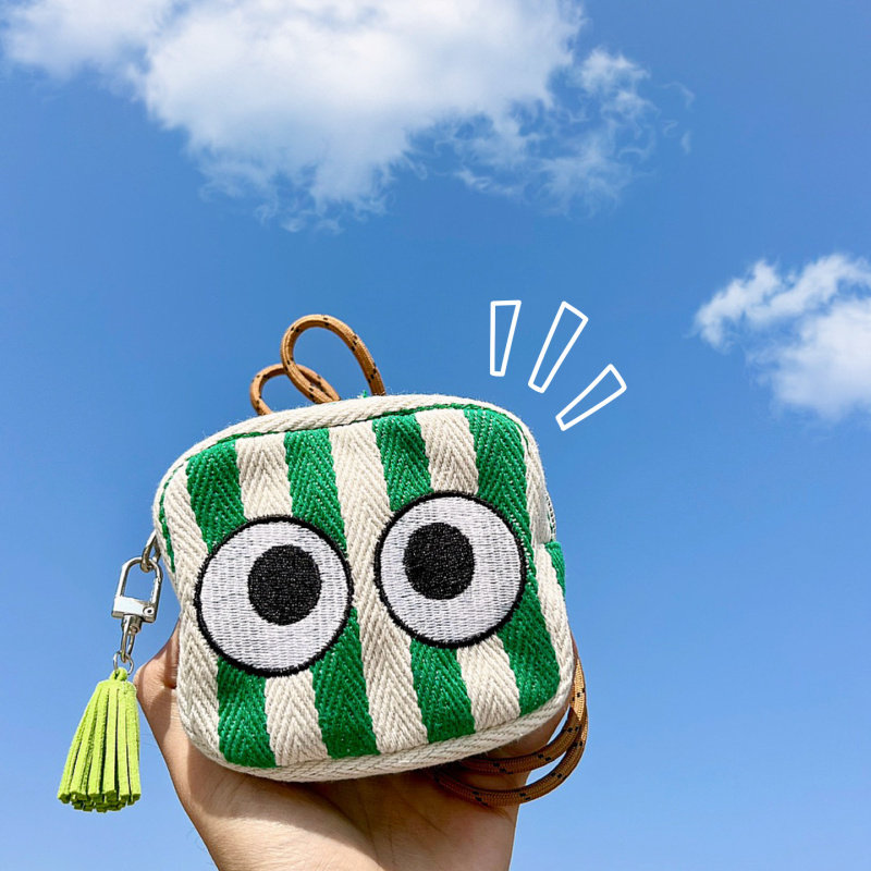 大眼睛条纹口红包帆布小挂包拉链款刺绣迷你小包零钱包耳机收纳包