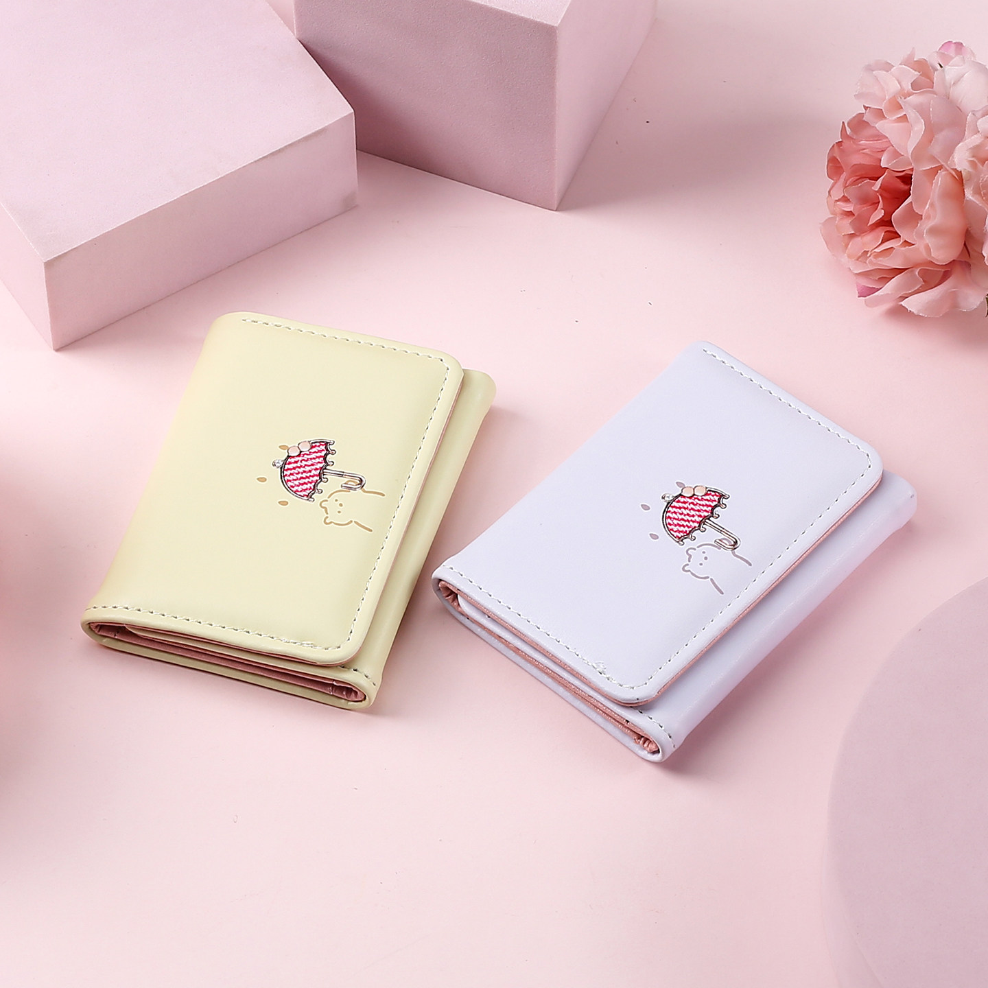 新款韩版短款钱包女小巧小清新学生可爱卡通卡包雨伞熊三折零钱包