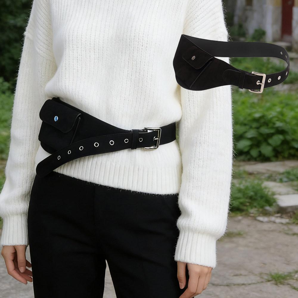 复古哥特风腰包腰带女黑色毛绒麂皮金属扣设计感时尚腰封装饰
