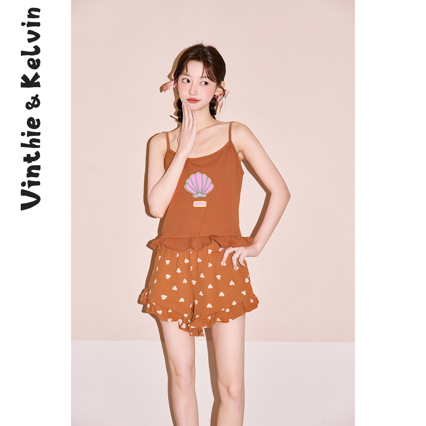 V&K2025夏新款睡衣棕贝壳背心吊带家居服少女短裤甜妹套装纯棉