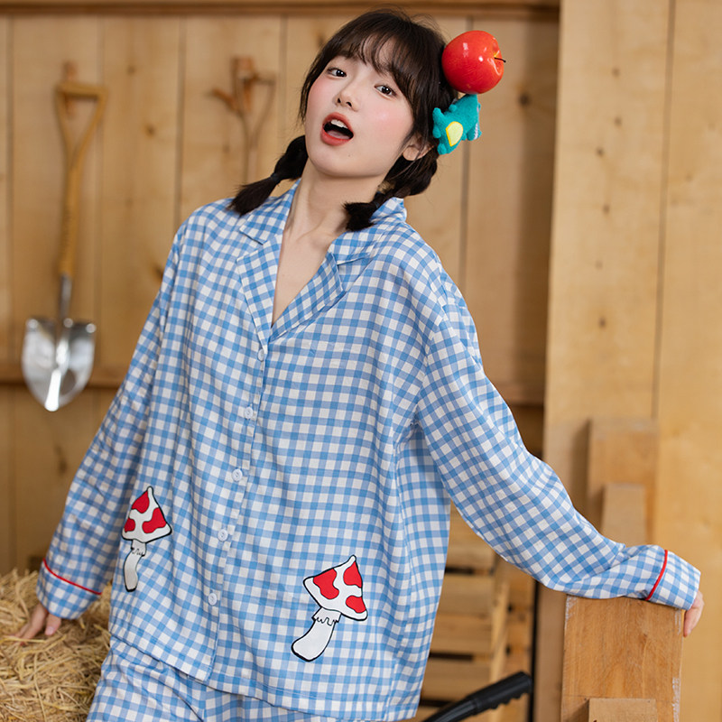 V&K2026春秋季新款睡衣家居服田园蘑菇套装纯棉休闲格子薄款外穿