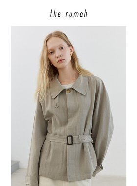 the rumah 灰色短款搭扣风衣 莱赛尔仿麻感柔垂风衣外套