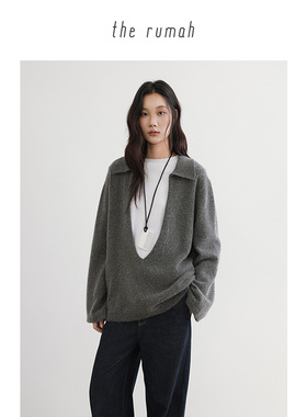 the rumah 深V翻领狐狸绒针织上衣 原绒针织套衫优雅老钱风毛衣女