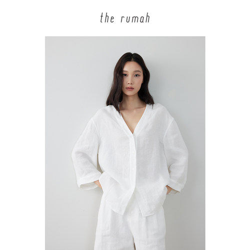 therumah白色亚麻V领七分袖衬衫