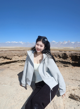 圆圆媛er 松弛主义 休闲慵懒秋冬连帽拉链宽松灰色卫衣外套