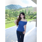 圆圆媛er 新款 高智lady 优雅气质性感辣妹蓝色显白露肩一字肩短袖