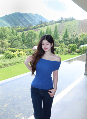 圆圆媛er 高智lady/优雅气质性感辣妹蓝色显白露肩一字肩短袖新款