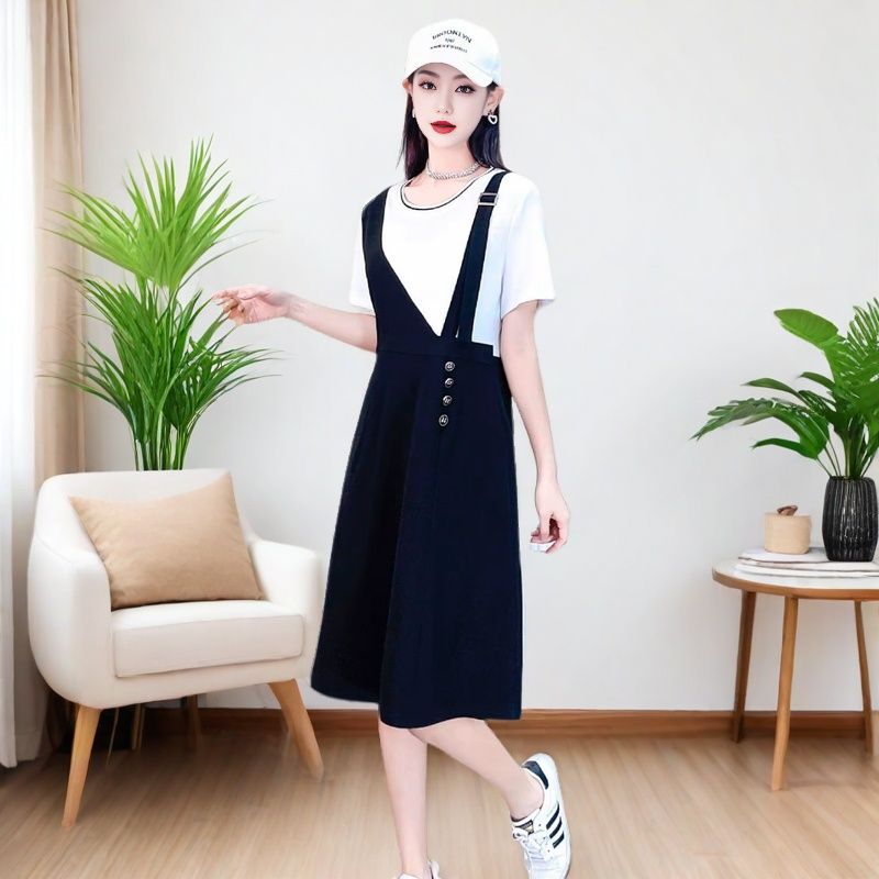 2025假两件连衣裙新款夏季洋气拼接宽松遮肚时尚显瘦休闲裙子