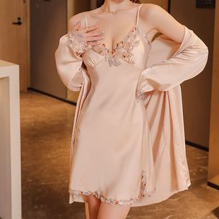 春秋睡衣女夏五件套冰絲吊帶睡裙短褲 長裙性感胸墊家居服 睡袍薄款