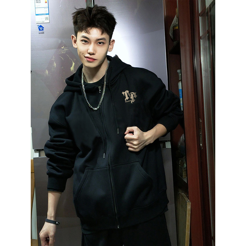 藏青色重磅复古连帽开衫卫衣女