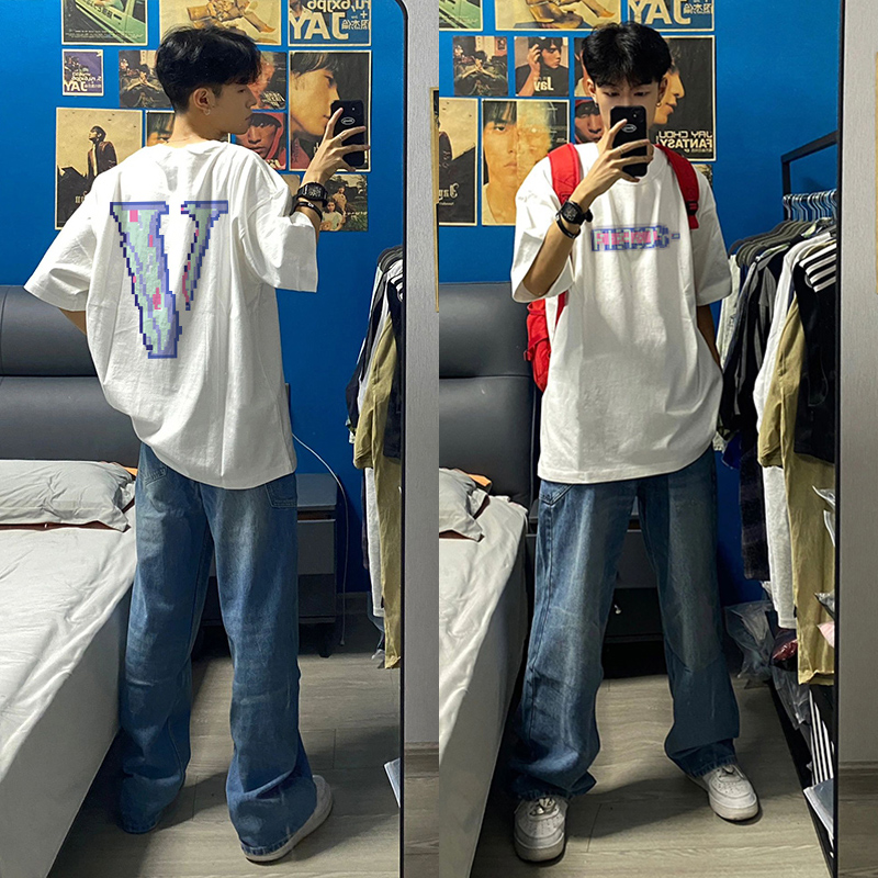 美式高街潮牌vintage重磅纯棉短袖夏季男款白色宽松个性半袖t恤潮