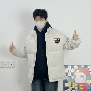 美式潮牌字符印花立领短款羽绒服男米白色保暖百搭高级感外套