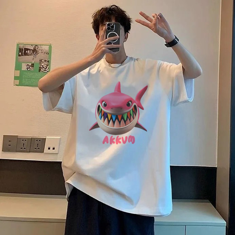美式潮牌趣味鲨鱼cleanfit短袖纯棉t恤夏季男士白色宽松大码上衣