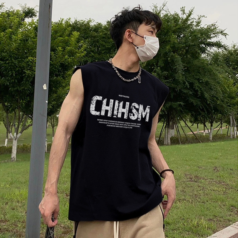 美式高街简约vintage重磅纯棉背心夏季男款黑色痞帅个性慵懒风t恤