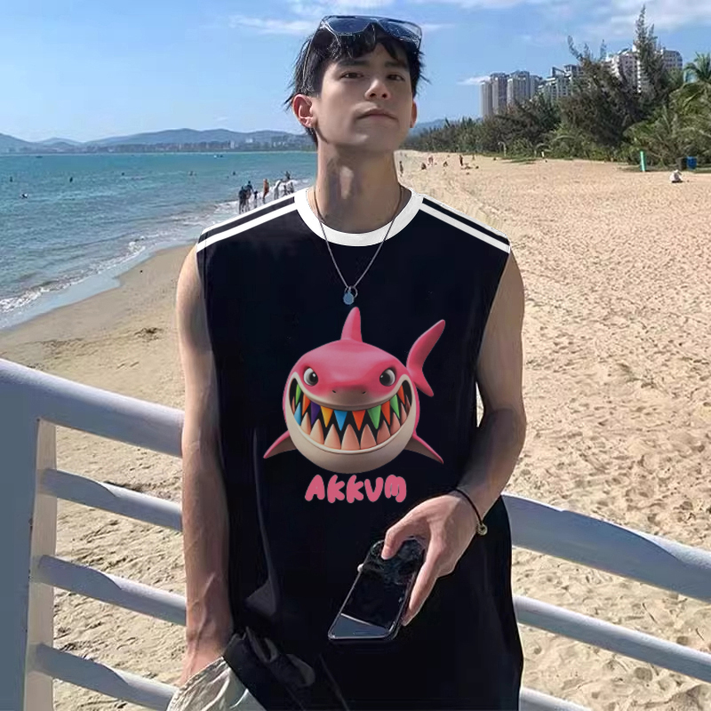 美式潮牌趣味鲨鱼男士三条杠背心