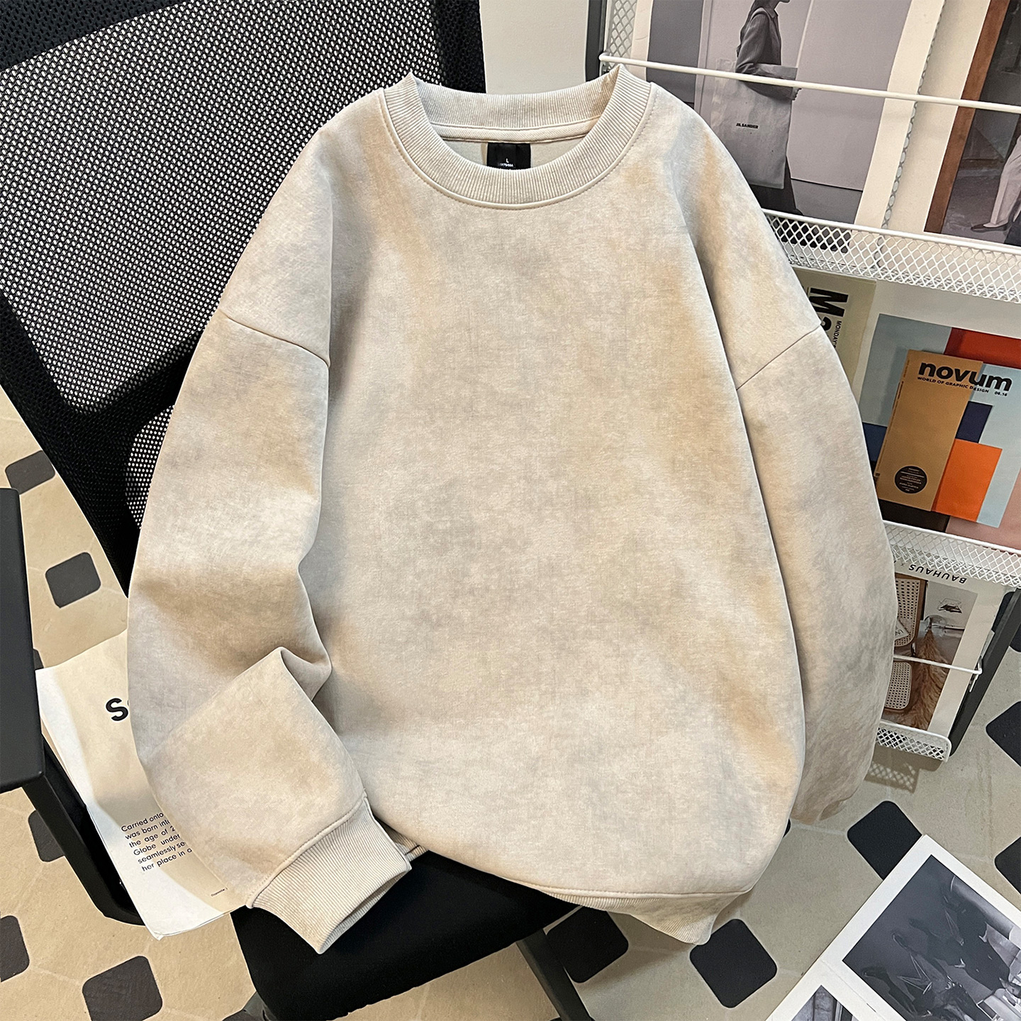 美式复古卡其色扎染宽松圆领卫衣男士2025新款重磅休闲上衣秋学生