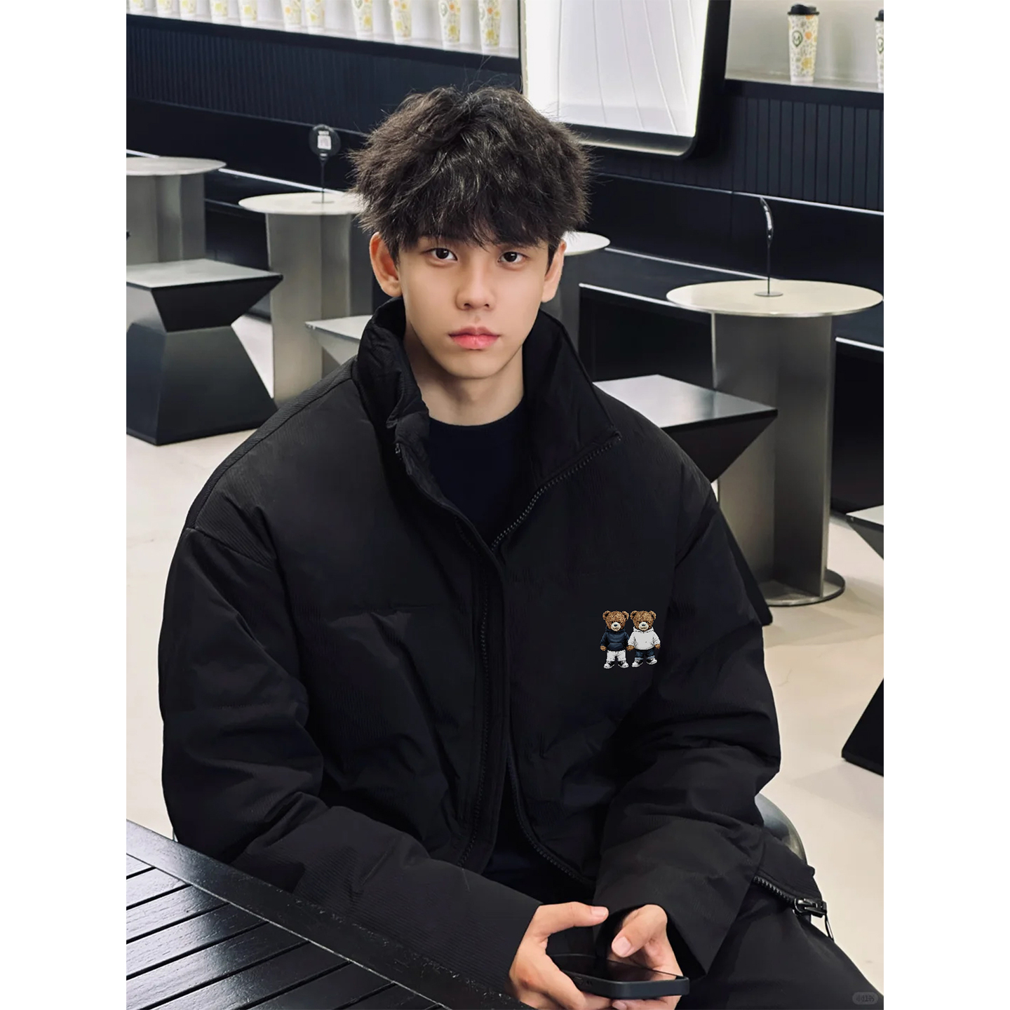 美式立领羽绒服男女黑色保暖白鸭绒百搭小熊卡通印花设计感外套潮