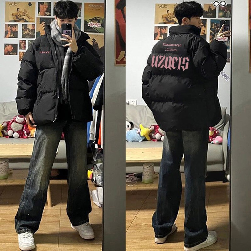 美式街头风立领面包棉服男冬季保暖外套潮牌黑色无帽棉袄2025新款