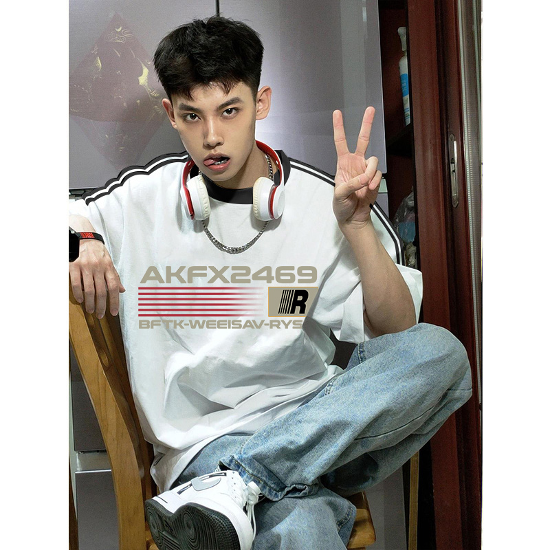 条纹简约短袖男T恤重磅三条杠