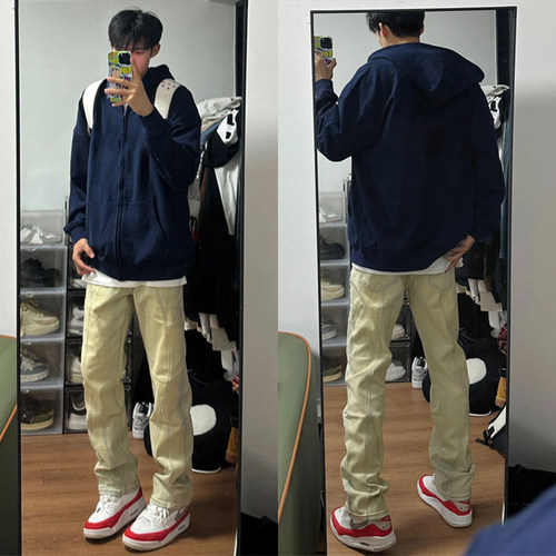 藏青色重磅复古连帽开衫卫衣