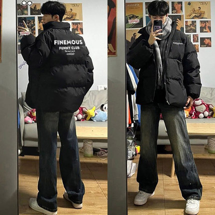ins冬季美式潮牌保暖抗风90白鸭绒羽绒服黑色慵懒感男款痞帅外套