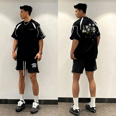 美式高街复古条纹袖拼接短袖t恤