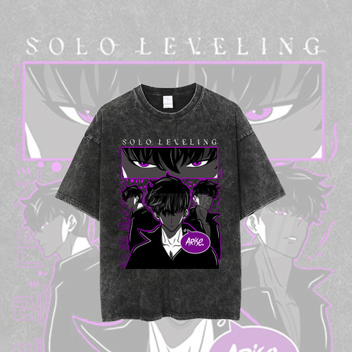 爆款Solo Leveling我独自动漫二次元痛衣T恤跨境美式复古水洗短袖