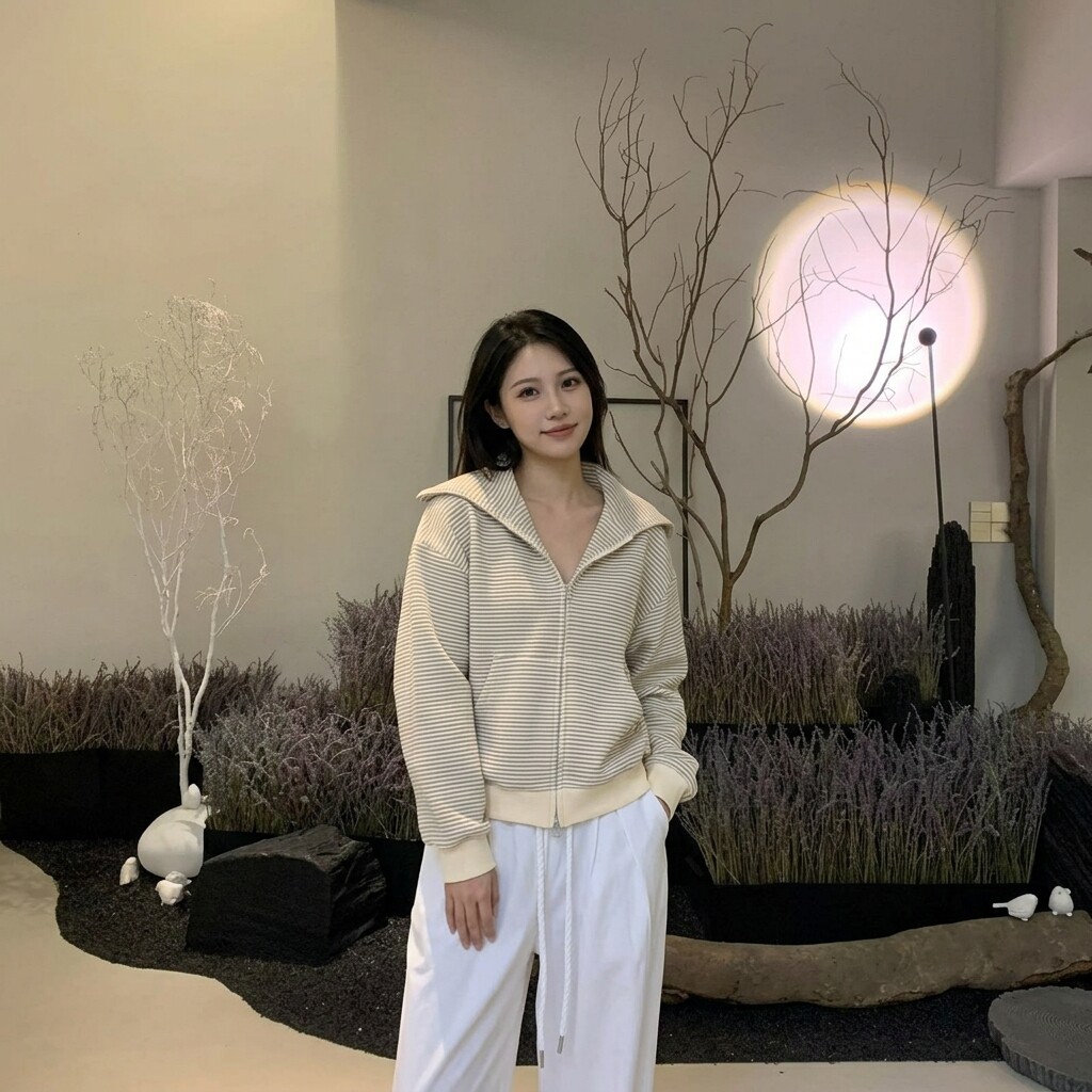 仿棉华棉复合美式条纹慵懒风开衫卫衣/绒衫