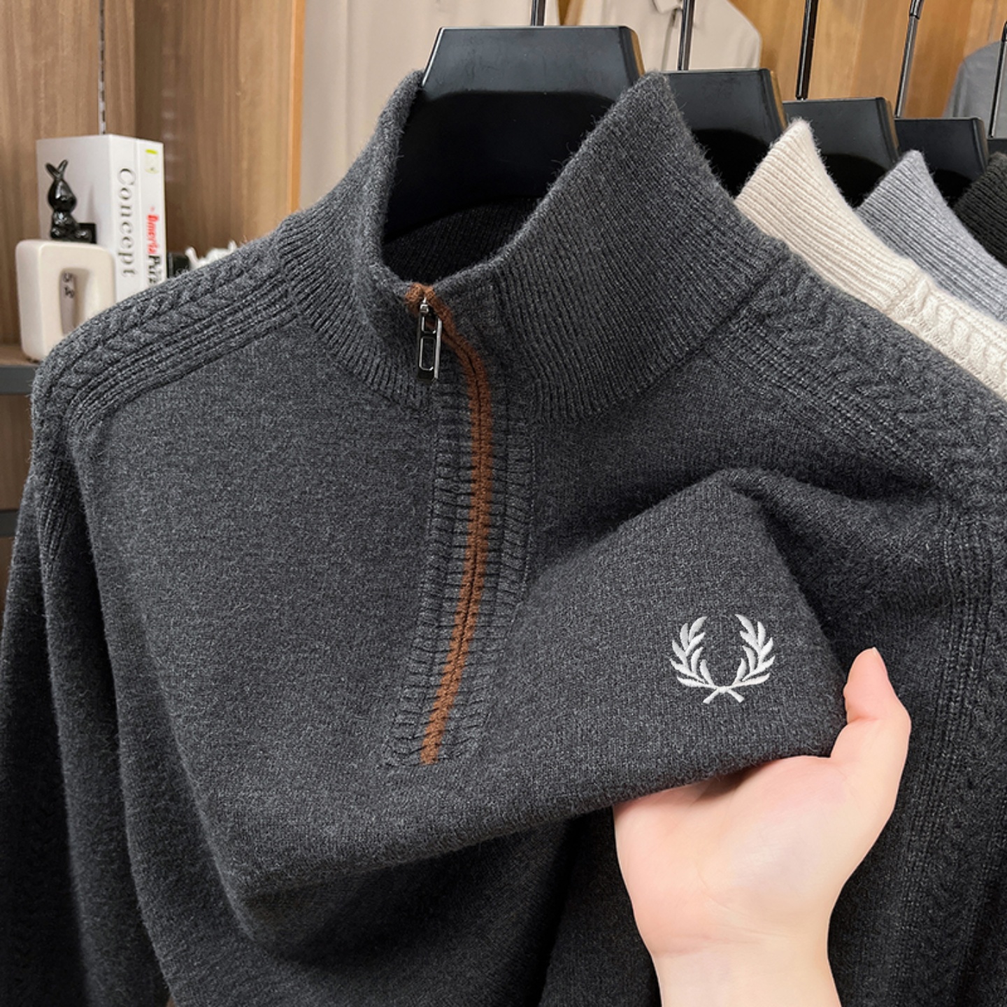 FP麦穗秋冬季男士羊毛衫加厚半拉链针织衫毛衣休闲宽松打底衫上衣