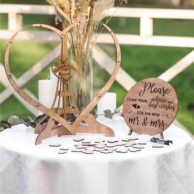 Wooden Sweet Heart-shaped Wedding Guest Book 3D Engraved