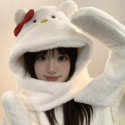hellokitty帽子围巾手套一体帕恰狗kt猫毛绒可爱保暖三件套秋冬女