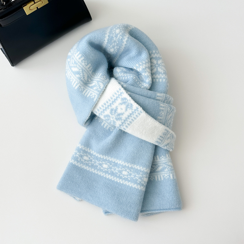 费尔岛风蓝色围巾女秋冬季高级感双面提花学生保暖围脖氛围感情侣