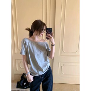T恤女Summer Tee White Shoulder Top Off 斜肩露肩宽松遮肉短袖