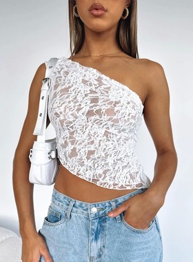 Lace halter top with sloping neck 蕾丝斜领露背不对称系带上衣