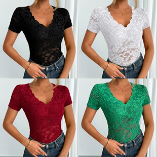 纯色蕾丝低领气质短袖上衣Solid Color Lace Short Sleeve Top