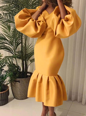 V-neck puffed sleeve fishtail skirt  纯色V领泡泡袖花苞鱼尾裙