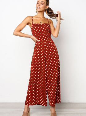 Suspender polka-dot wide-leg jumpsuit波点吊带露背 阔腿连体裤