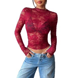 女士性感长袖薄款修身蕾丝打底上衣Sheer Slim Lace Casual Top