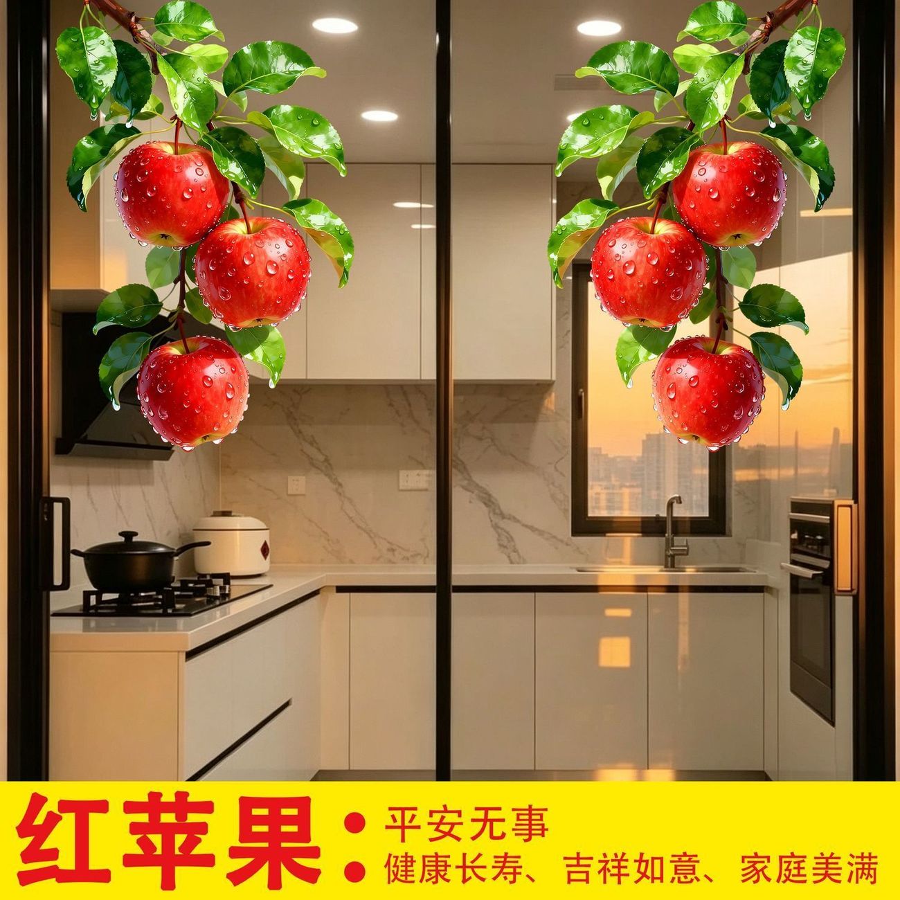 平安果静电玻璃贴纸厨房推拉门装饰仿真红苹果无胶窗花贴静电贴