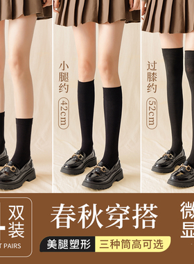 黑色袜子女中筒春秋季纯棉长筒袜过膝靴子乐福鞋压力jk小腿袜