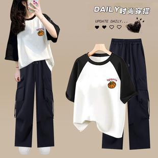 夏装纯棉上衣高中初中学生女生一套衣服短袖T恤工装裤子两件套装