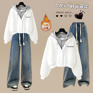 高中学生休闲套装女秋冬假两件加绒加厚连帽卫衣初中生学院风外套