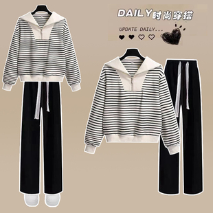 甜美套装 春秋季 休闲时尚 少女初中高中生条纹卫衣中学生连帽款 新款