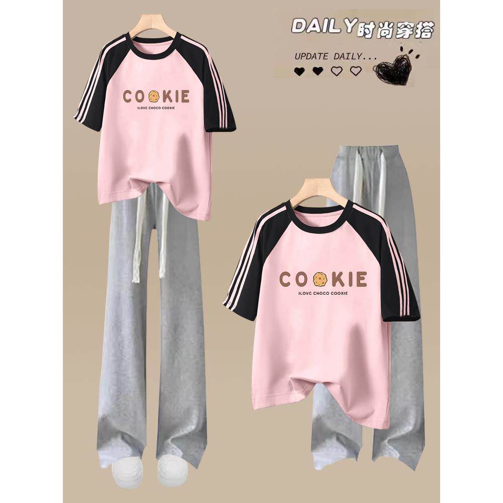 学生短袖t恤女纯棉宽松少女夏装14岁13女孩16初中生上衣两件套装