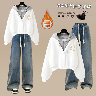 学院风运动套装少女秋冬季加绒连帽卫衣初中学生休闲阔腿裤两件套