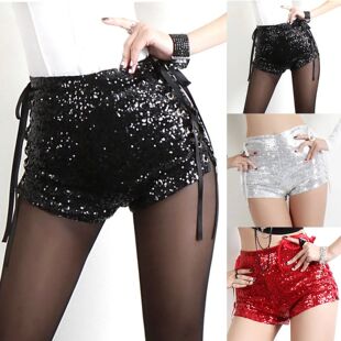 Out 欧美性感纯色高腰绑带镂空亮片短裤 Hollow Shorts 女Lace