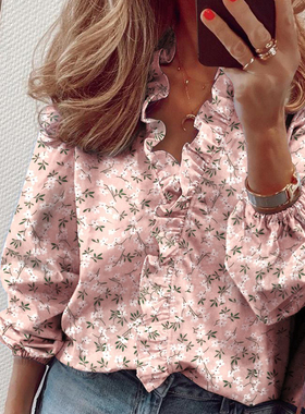 Long sleeved ruffled V-neck shirt 时尚印花长袖 荷叶边V领衬衫